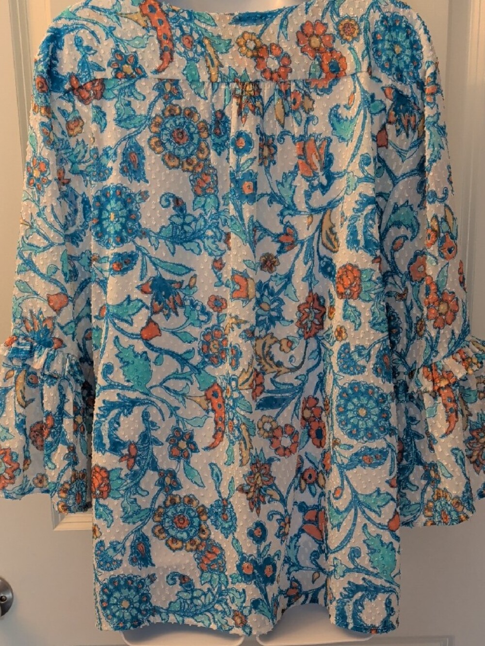 White Floral Tunic Top with Blue and Coral Motif - Women's - Picture 5 of 5